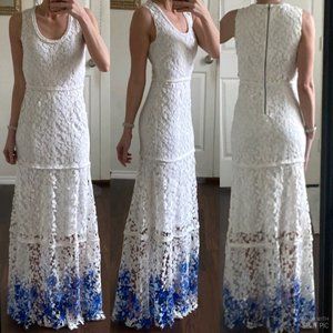 Elie Tahari white royal blue lace crochet floral sleeveless casual maxi dress